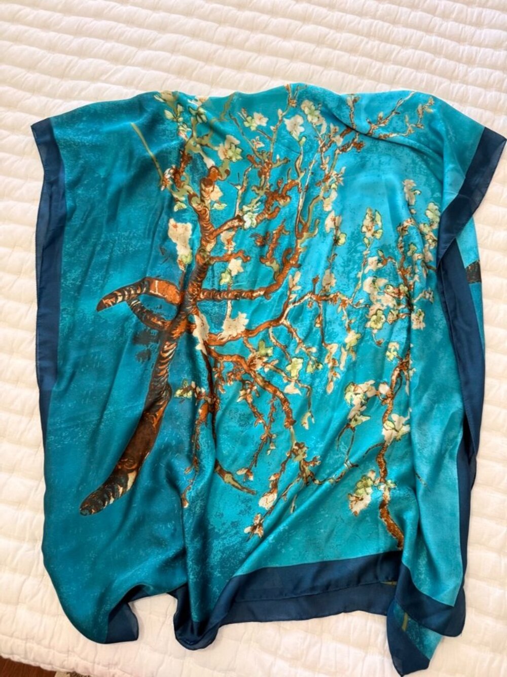 Teal Floral Bird Oversized Silky Scarf Wrap Shawl Navy Border